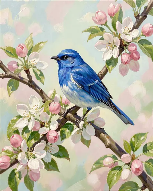 Acrylic painting of a bright bluebird perched on a blossoming apple branch with soft spring pastel background.