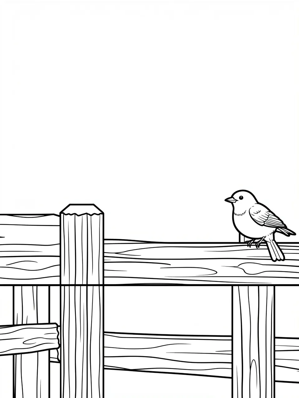 Bold black line art of a small songbird perched on a wooden fence rail on a blank white background.