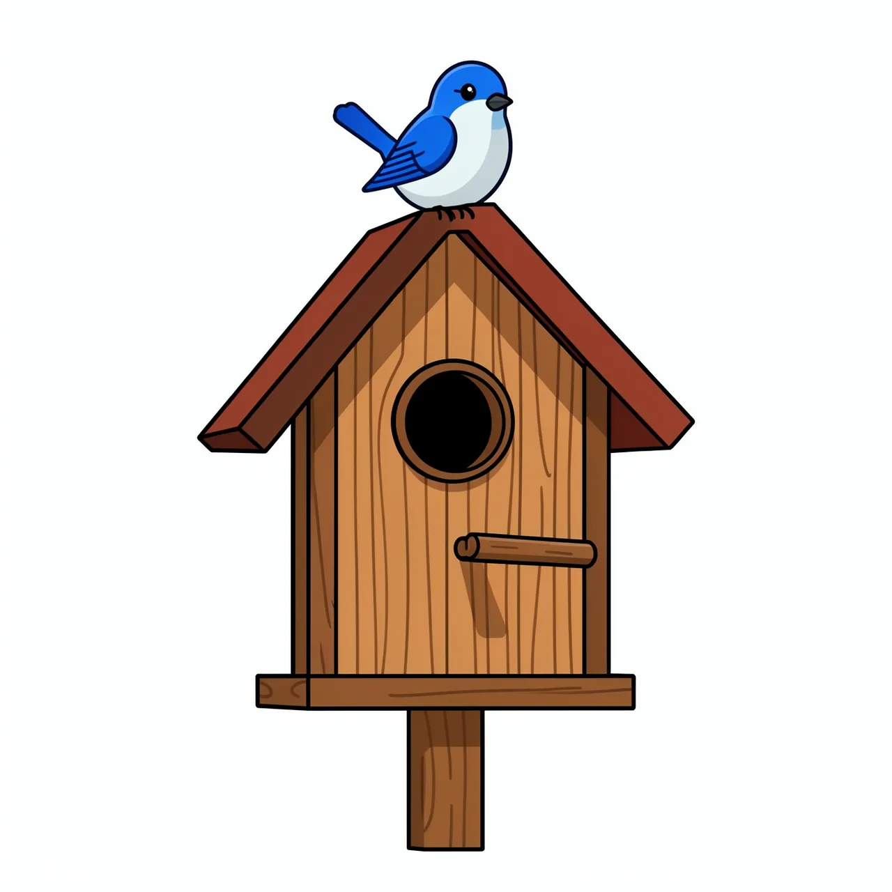 Flat clipart illustration of a bluebird perched on the roof of a wooden birdhouse against a plain white background