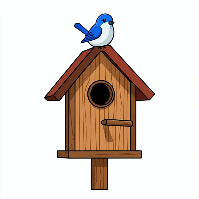 Flat clipart illustration of a bluebird perched on the roof of a wooden birdhouse against a plain white background