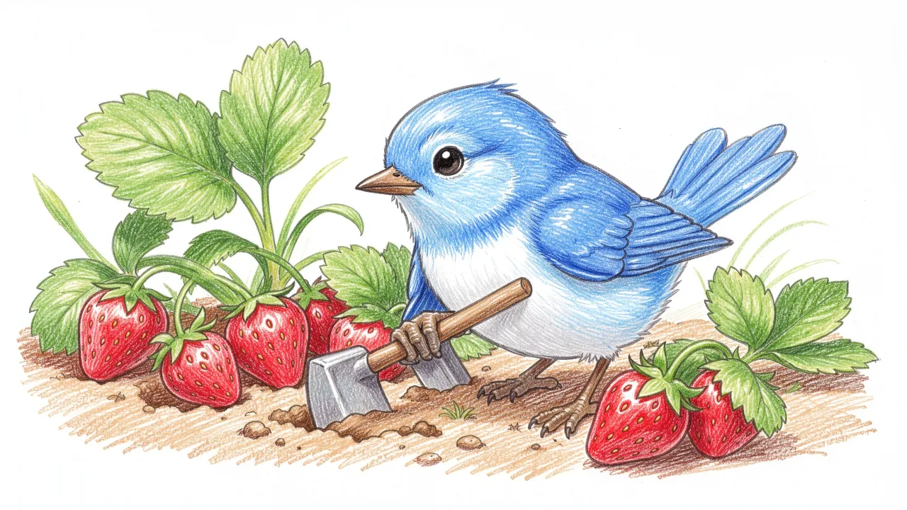 Colored pencil drawing of a cute bluebird using a tiny hoe to tend ripe strawberry plants in soil