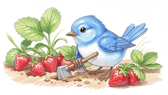Colored pencil drawing of a cute bluebird using a tiny hoe to tend ripe strawberry plants in soil