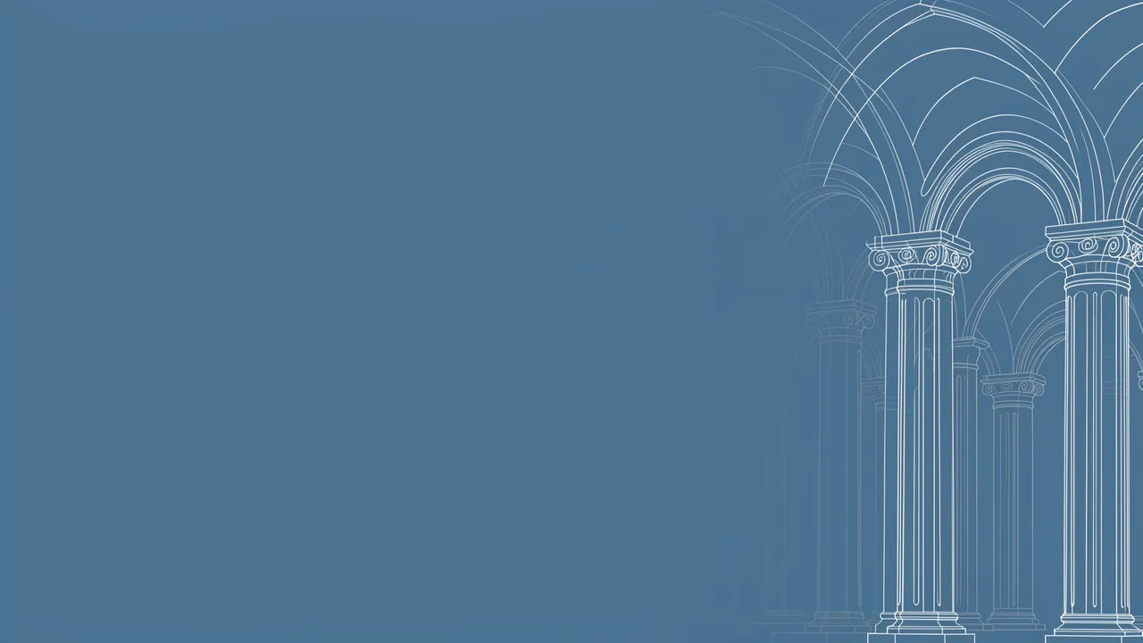 Faint white line art of classical columns and arches sits along the right side of a slate blue background with empty left