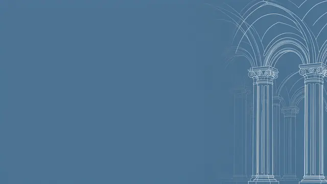 Faint white line art of classical columns and arches sits along the right side of a slate blue background with empty left