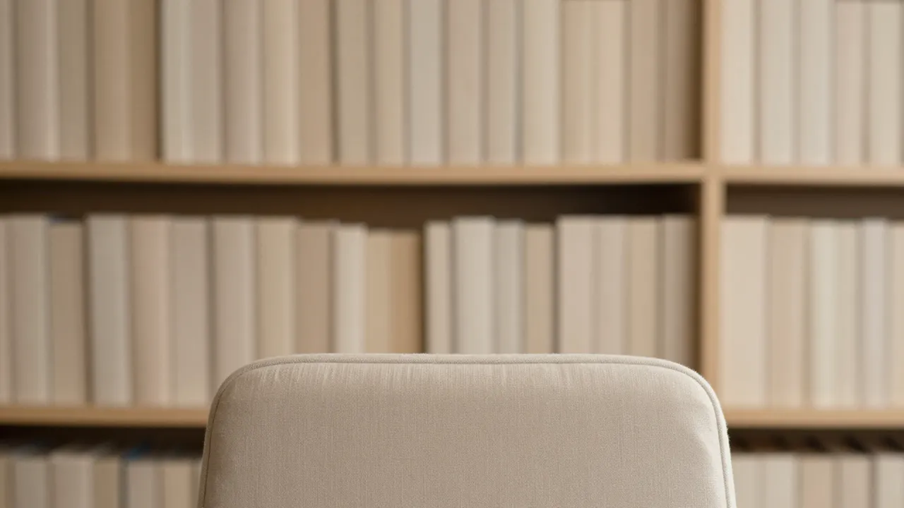 Top of an upholstered reading chair sits in front of a softly focused bookshelf of plain neutral books