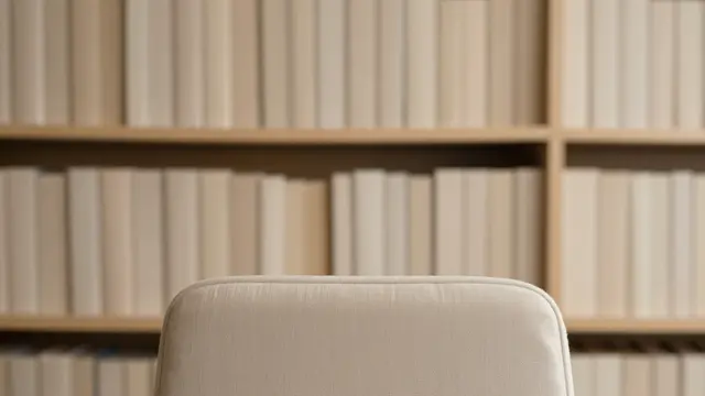 Top of an upholstered reading chair sits in front of a softly focused bookshelf of plain neutral books
