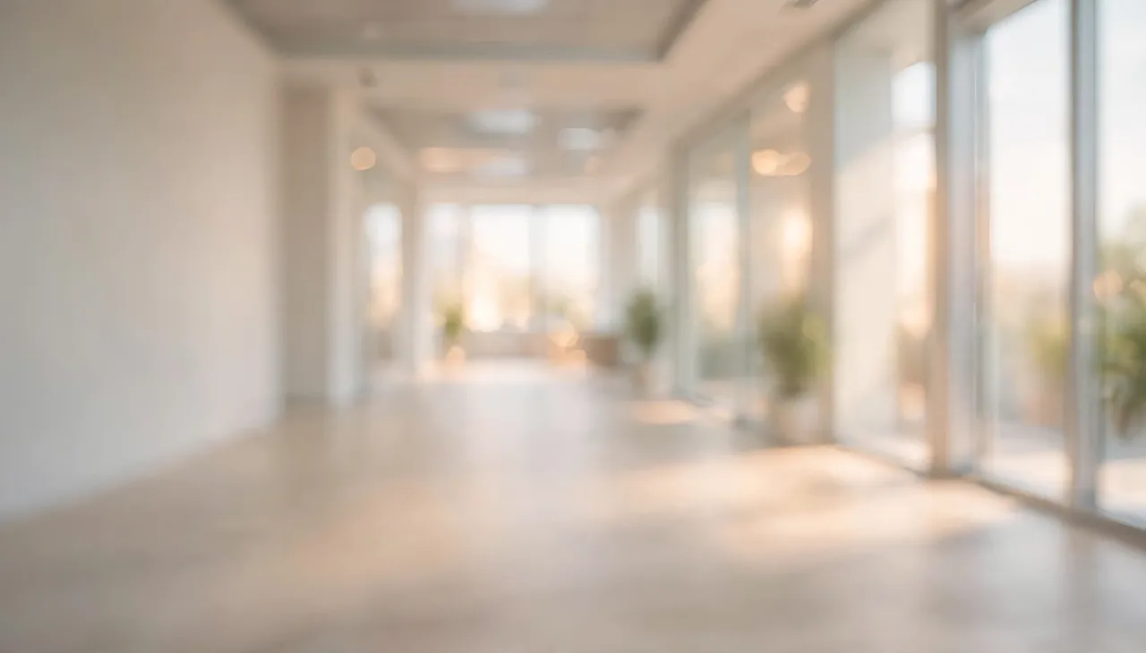Softly out of focus empty modern office corridor lit by warm daytime sunlight