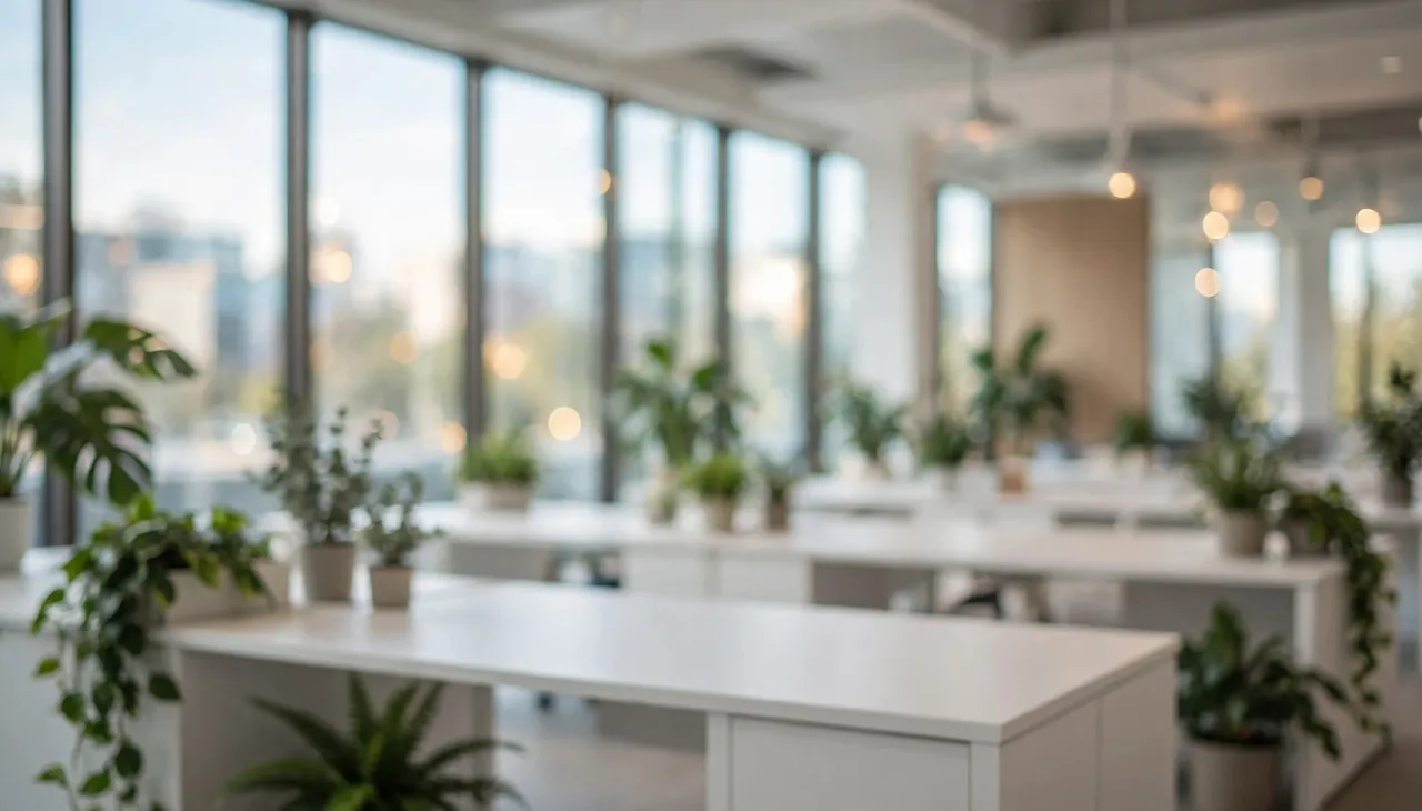 Softly out of focus bright empty open-plan office with white desks, potted plants and tall windows