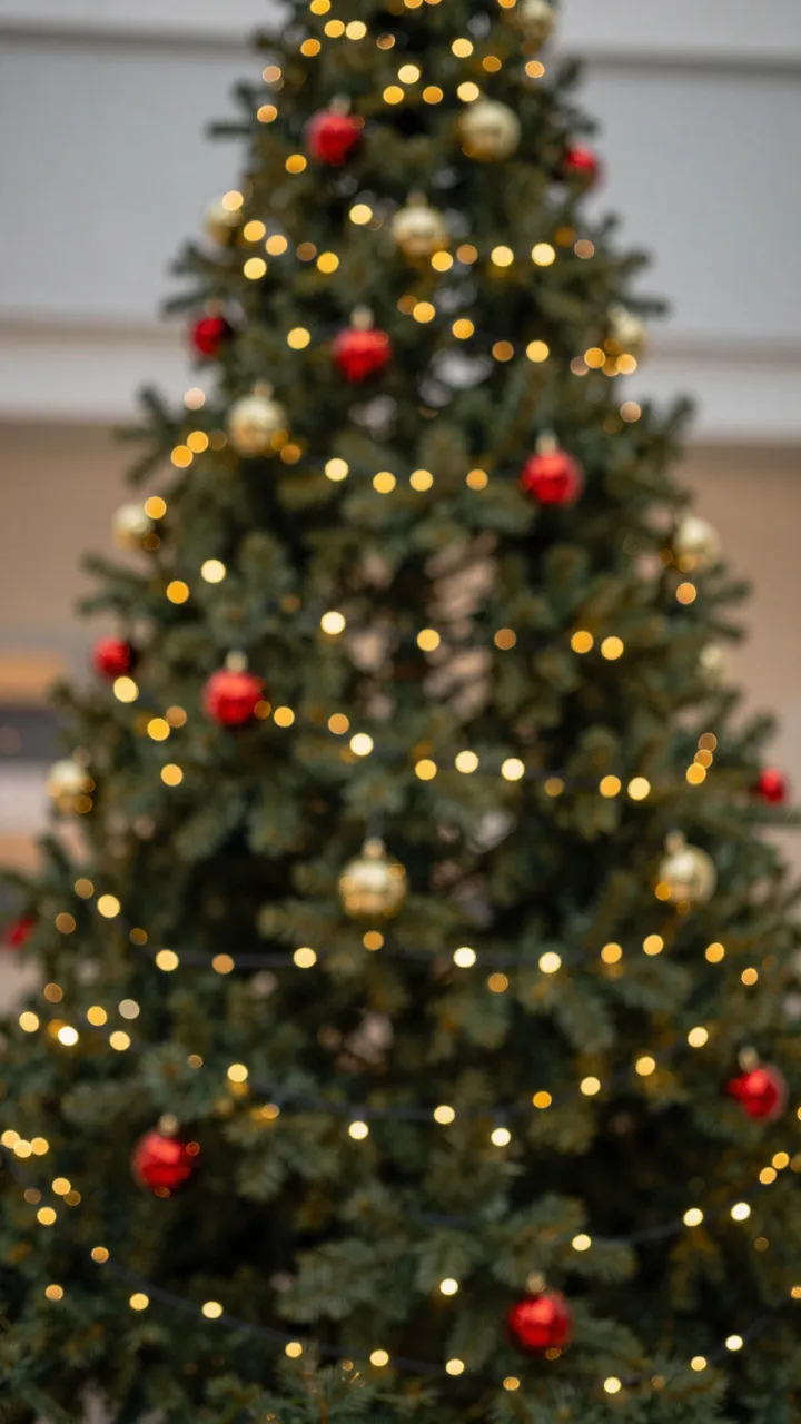 Out of focus decorated Christmas tree with glowing gold fairy light bokeh and red and gold baubles