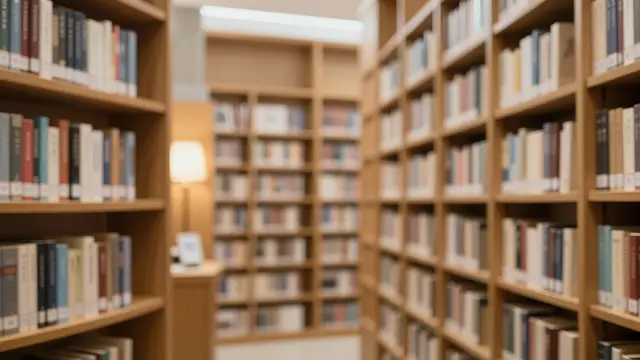 Soft focus view down an aisle of tall wooden library bookshelves beside a warm floor lamp