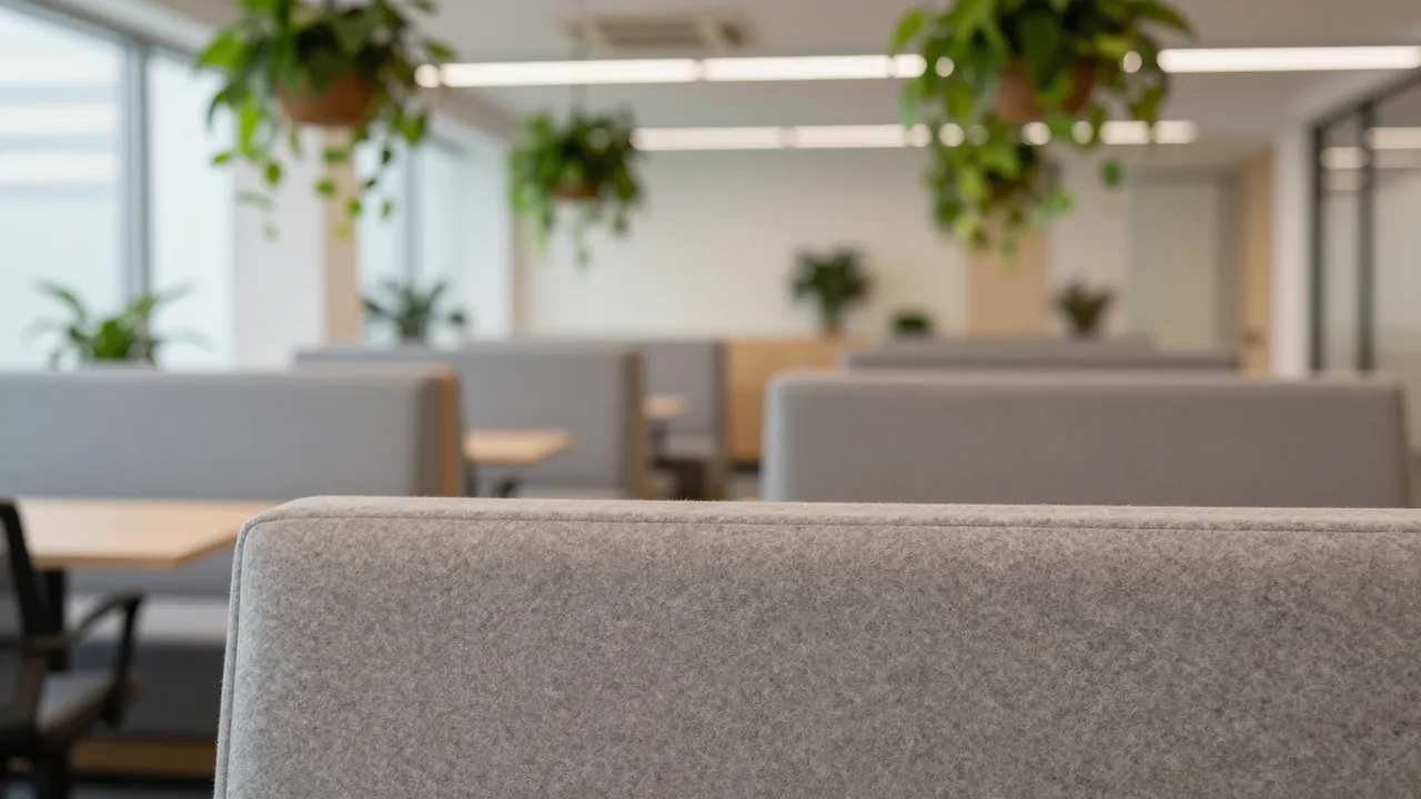 Softly blurred empty open office lounge with gray felt booths and hanging green plants