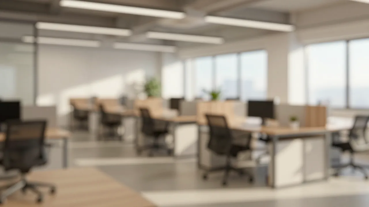 Softly blurred empty open plan office lit with warm natural daylight
