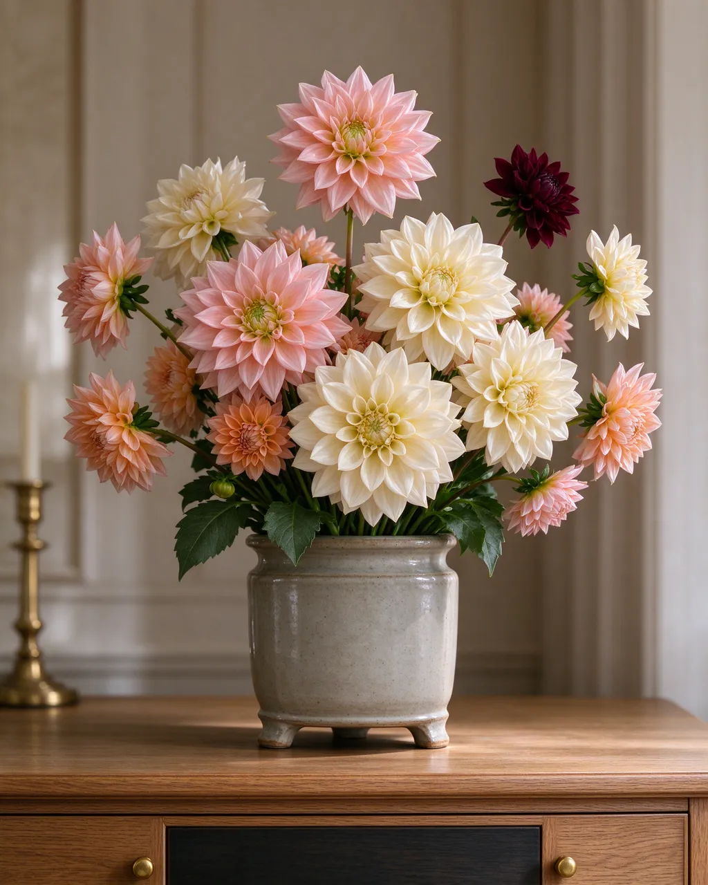 A lush arrangement of blush, cream, and peach dahlias sits in a footed stoneware urn atop an oak sideboard.