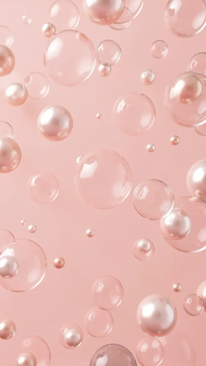 Glossy clear bubbles and soft pearls float across a smooth blush pink background