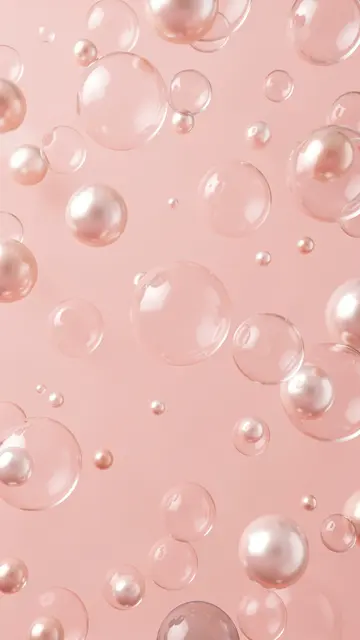 Glossy clear bubbles and soft pearls float across a smooth blush pink background