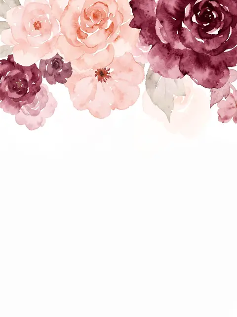 Soft watercolor blush and burgundy blooms form a top border over empty white copy space