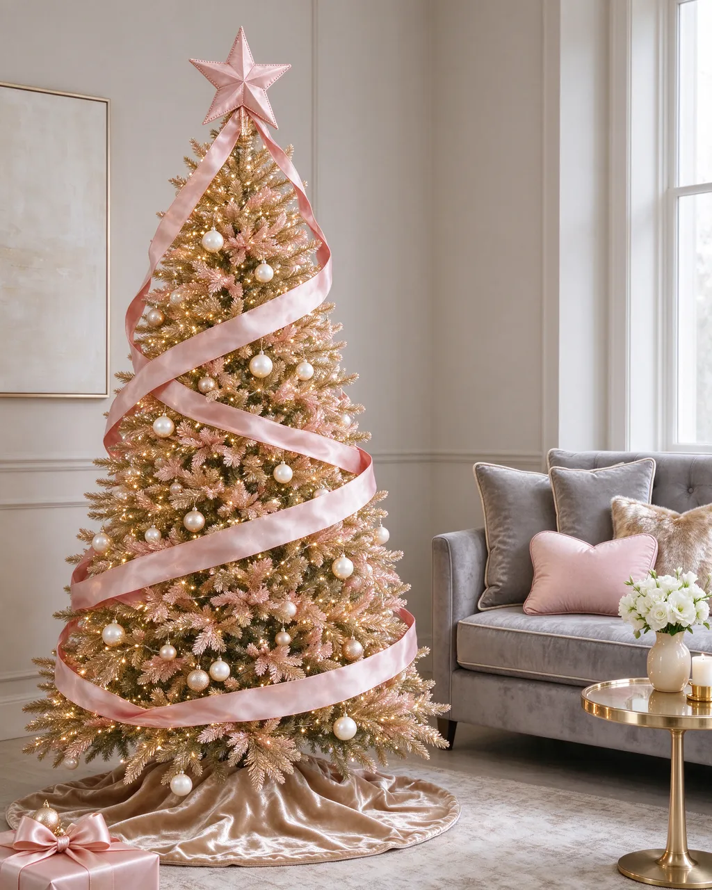 Decorated champagne and blush Christmas tree sits beside a gray velvet sofa in a soft neutral living room.