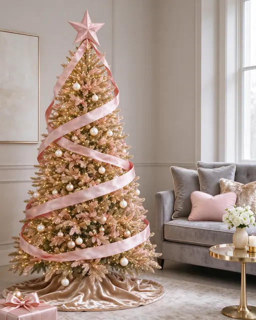 Decorated champagne and blush Christmas tree sits beside a gray velvet sofa in a soft neutral living room.