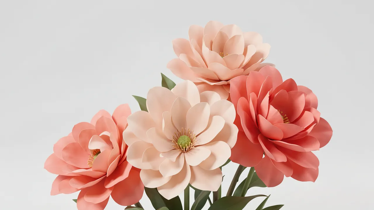 Giant 3D rendered paper flowers in blush and coral tones sit against a pale neutral blank background