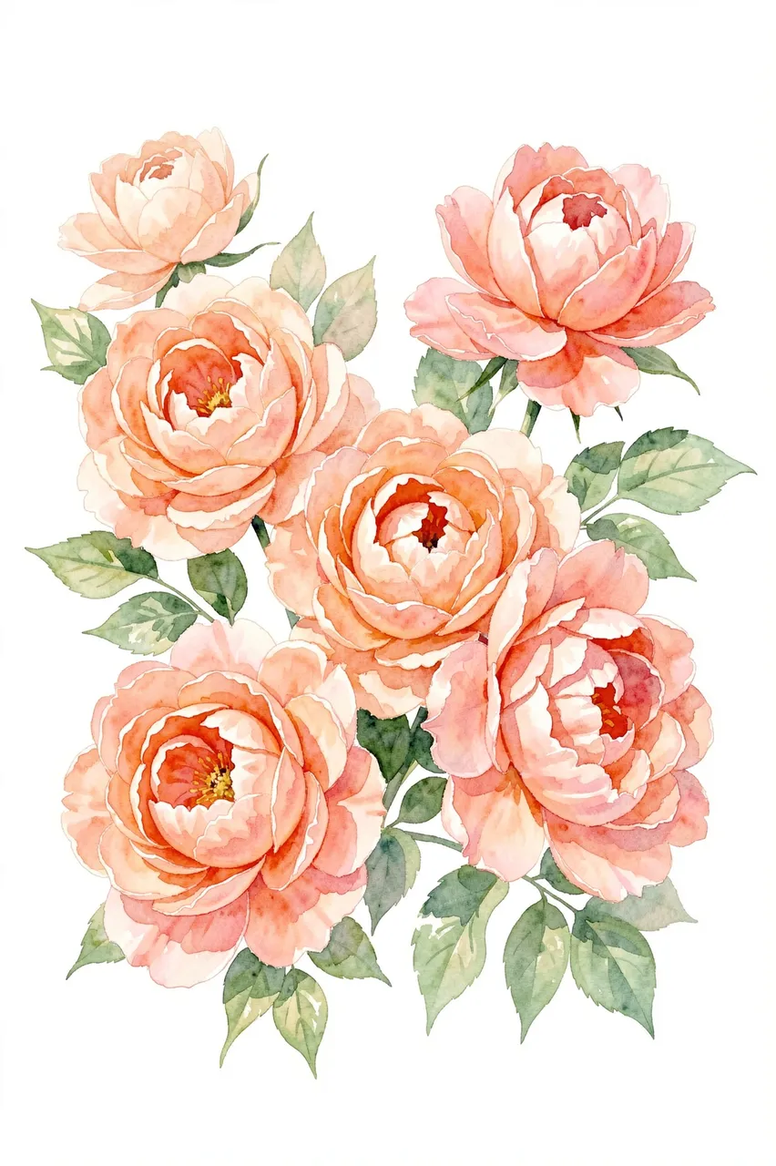 Loose watercolor bouquet of blush and coral garden roses and peonies on plain white paper