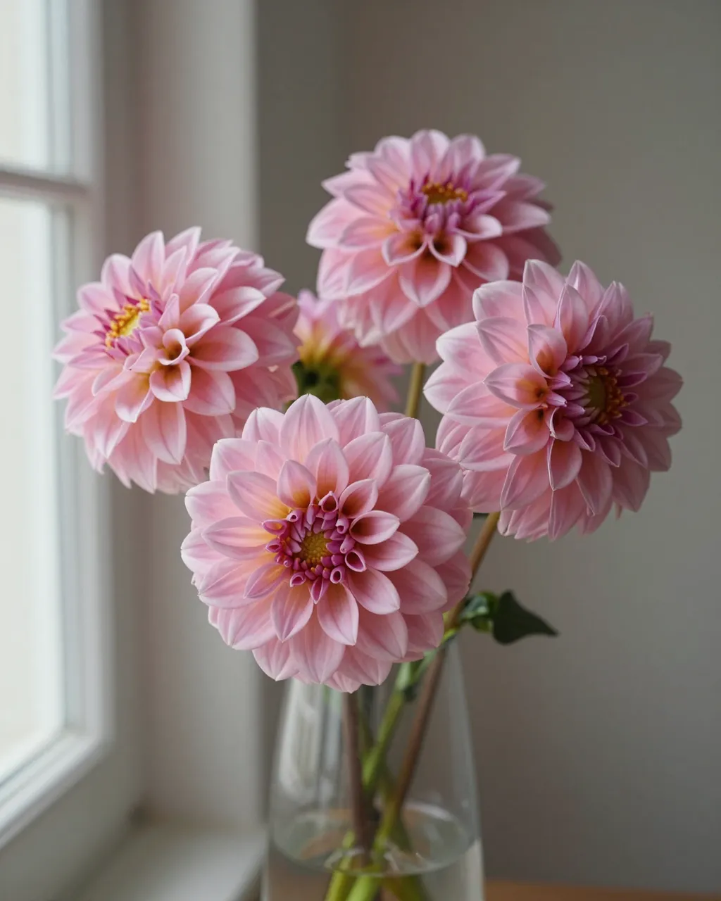 Soft pink dahlia flowers arranged in a clear glass vase beside a sunlit window
