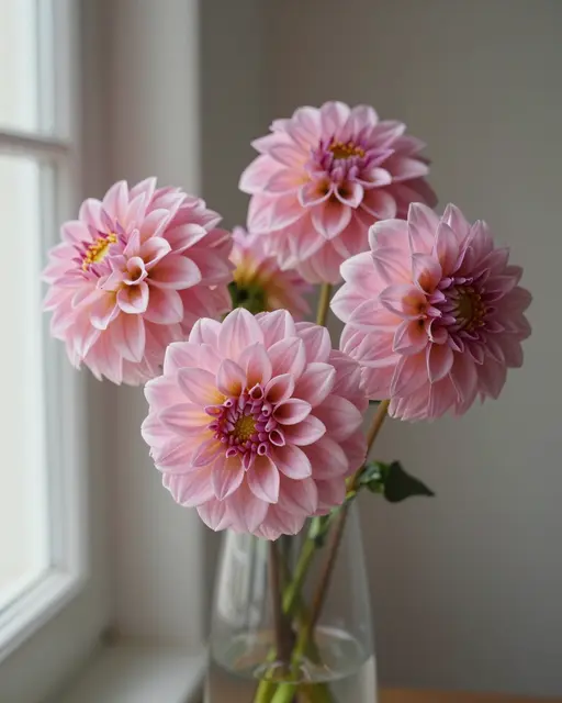 Soft pink dahlia flowers arranged in a clear glass vase beside a sunlit window