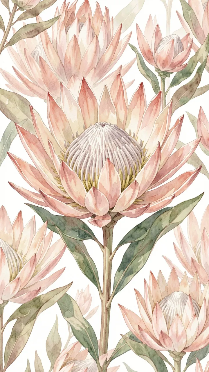 Detailed vertical watercolor pattern of blush and cream king protea blooms with muted green leaves on a light background