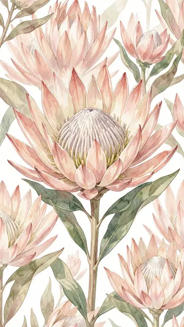 Detailed vertical watercolor pattern of blush and cream king protea blooms with muted green leaves on a light background