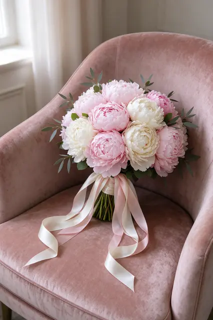 Blush and ivory peony bouquet with silk ribbons rests on a pink velvet armchair in soft window light