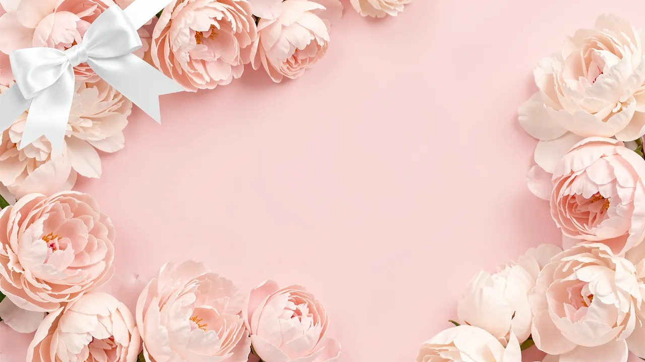 Blush peonies and a white satin bow frame empty soft pink copy space