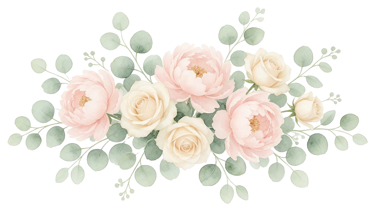 Soft watercolour horizontal floral spray of blush peonies, cream roses and sage eucalyptus leaves