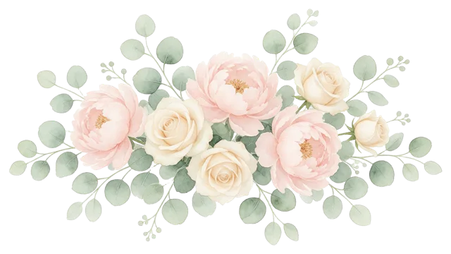 Soft watercolour horizontal floral spray of blush peonies, cream roses and sage eucalyptus leaves