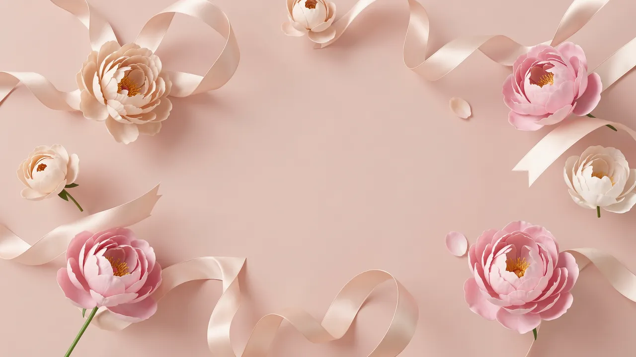 Peony blooms and flowing satin ribbons form a decorative border around empty central space on a soft blush background