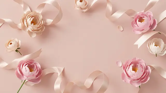 Peony blooms and flowing satin ribbons form a decorative border around empty central space on a soft blush background