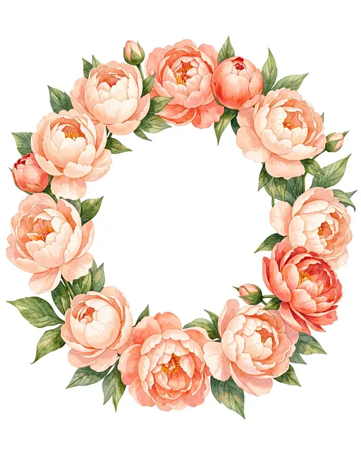 A circular watercolor wreath of blush and coral peonies, leaves, and buds with an empty white center on a plain background