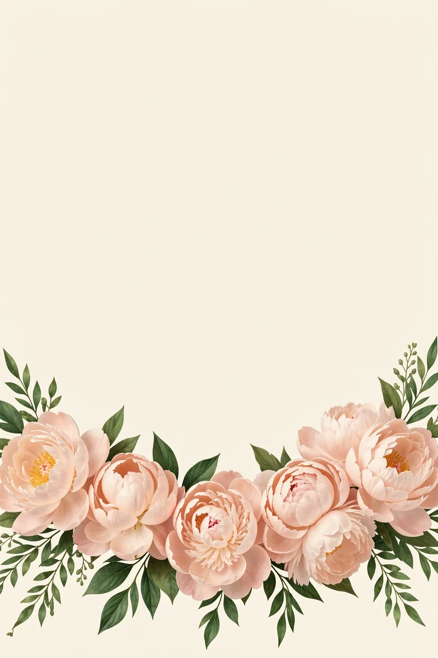 A cream background with a decorative border of blush peonies and green foliage along the bottom edge, with empty copy space
