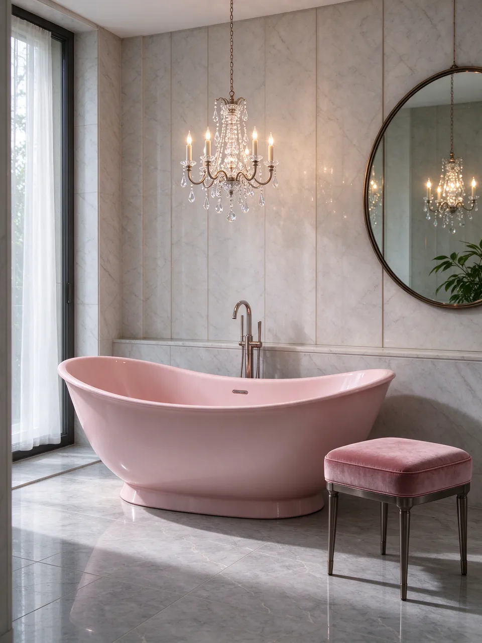Elegant bathroom with a blush freestanding tub, crystal chandelier and velvet stool against marble walls