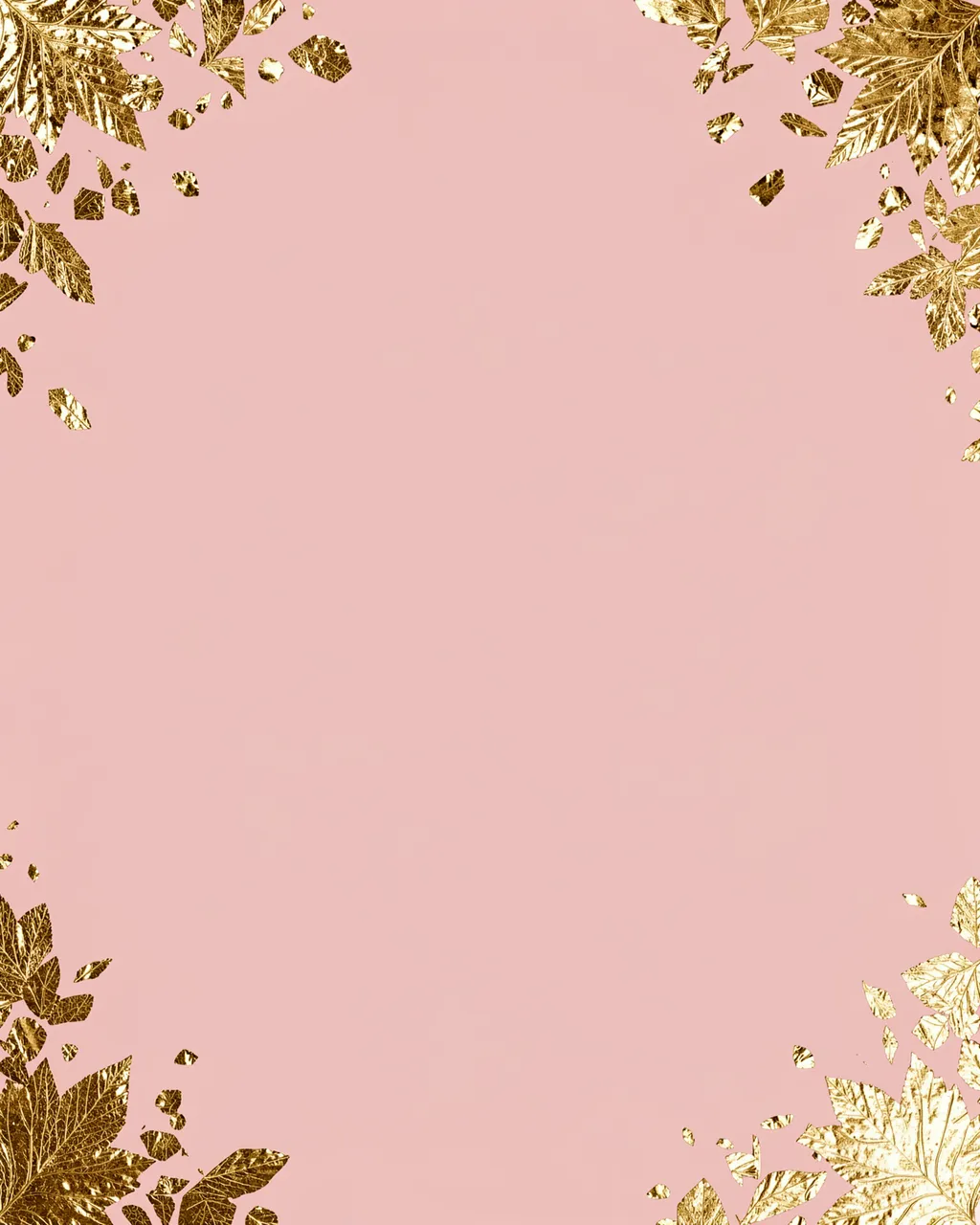 Smooth blush pink background framed by metallic gold leaf and flake accents in all four corners, with empty central copy
