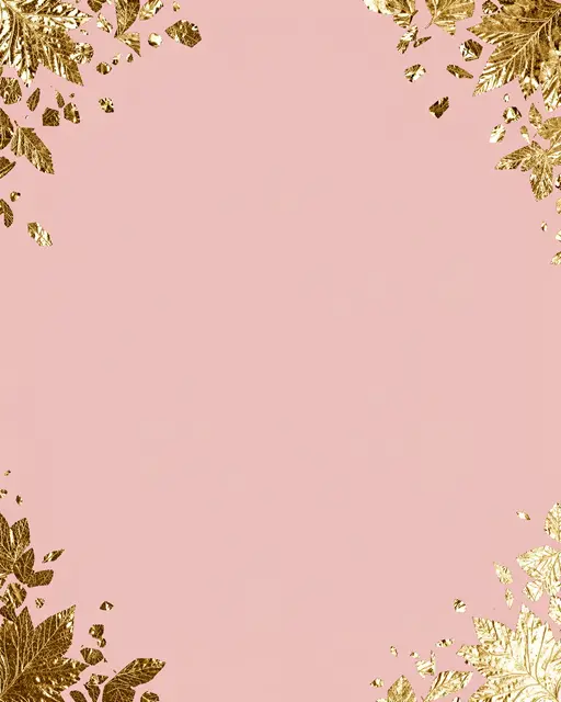 Smooth blush pink background framed by metallic gold leaf and flake accents in all four corners, with empty central copy
