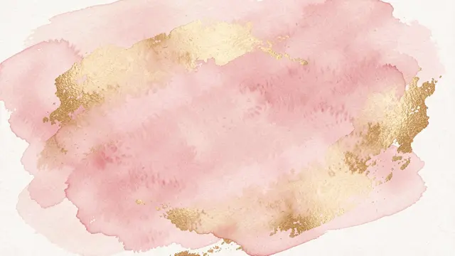 Soft blended blush pink watercolor wash accented with textured metallic gold on an off-white paper background