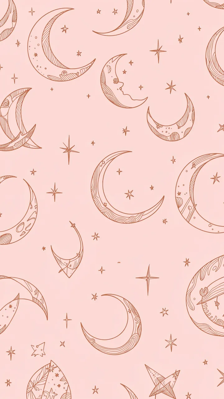 A seamless vertical pattern of rose gold line art crescent moons and stars on a soft blush pink background