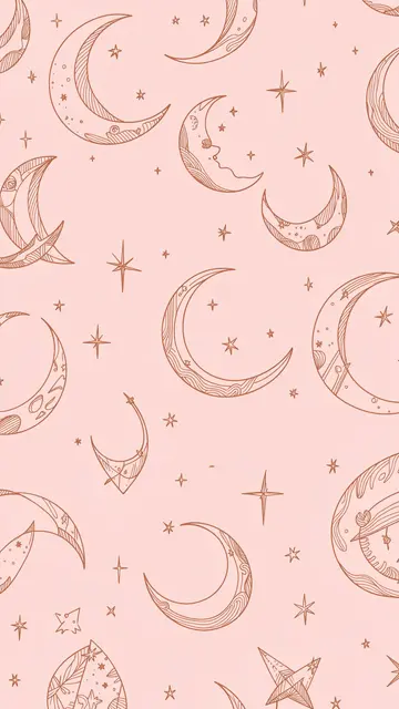 A seamless vertical pattern of rose gold line art crescent moons and stars on a soft blush pink background