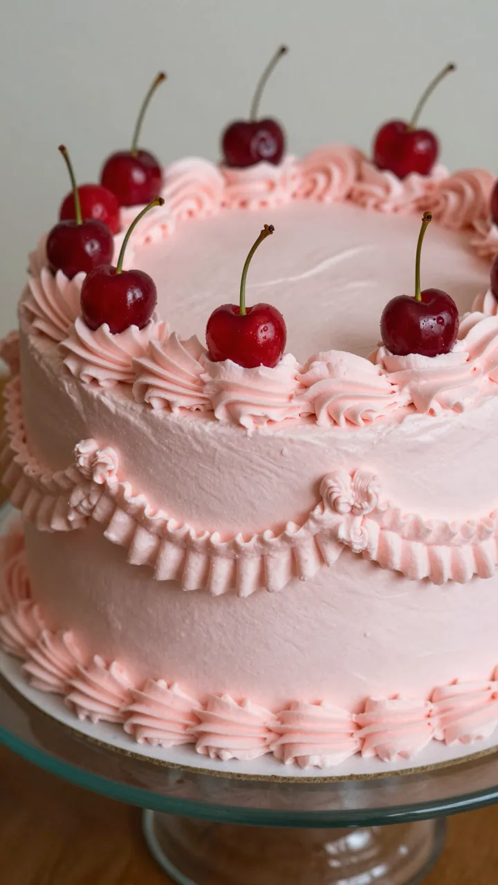 Close-up of a two-tier blush pink piped ruffle cake topped with fresh cherries on a glass stand under soft light