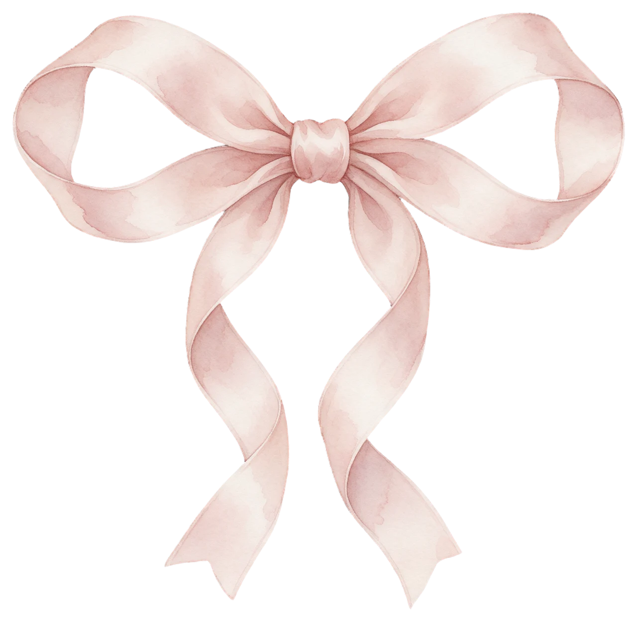 Soft watercolor illustration of a tied blush pink satin bow with wavy hanging tails