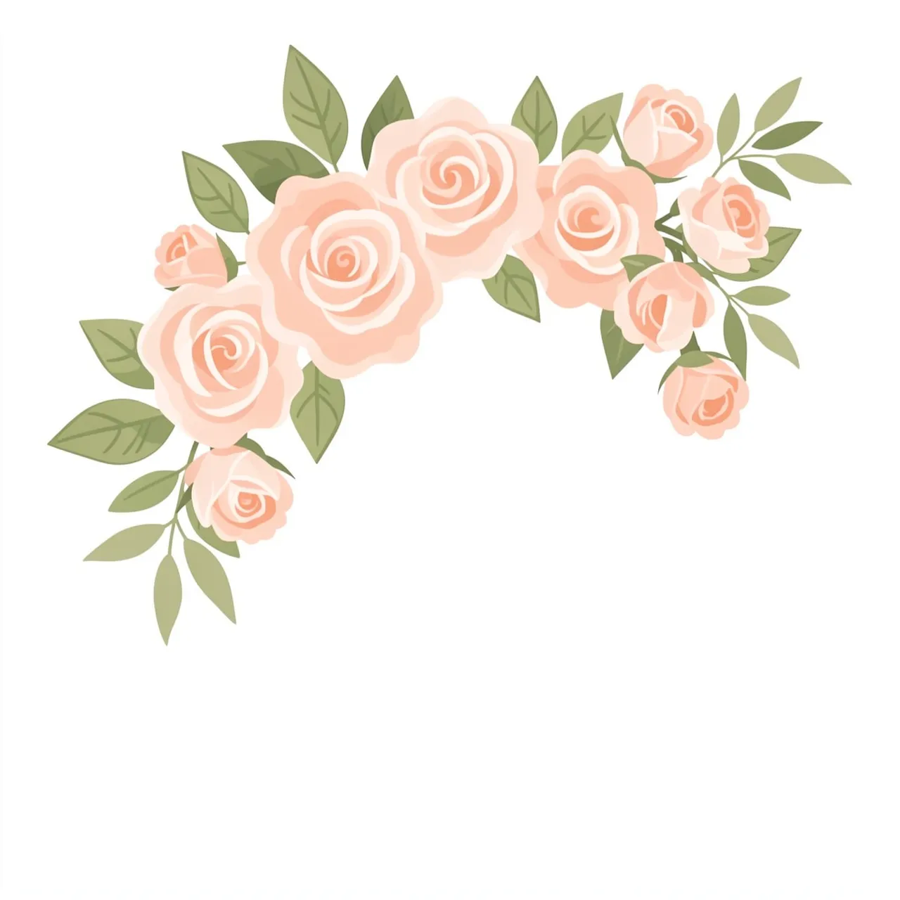 A curved flat illustration of blush pink roses and green leaves arranged as a corner decoration on a plain white background