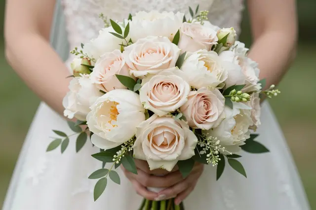 A bride holds a lush bridal bouquet of blush roses, white peonies and trailing greenery.