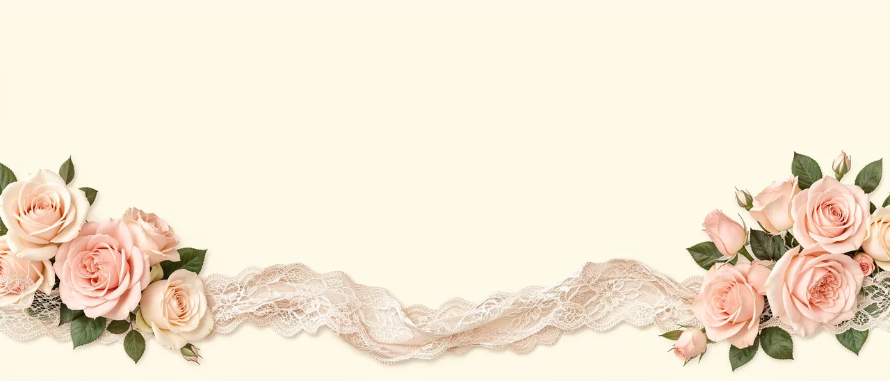 Wispy ivory lace and soft blush rose clusters line the bottom edge of a pale cream background with empty top copy space.