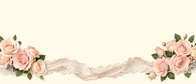 Wispy ivory lace and soft blush rose clusters line the bottom edge of a pale cream background with empty top copy space.