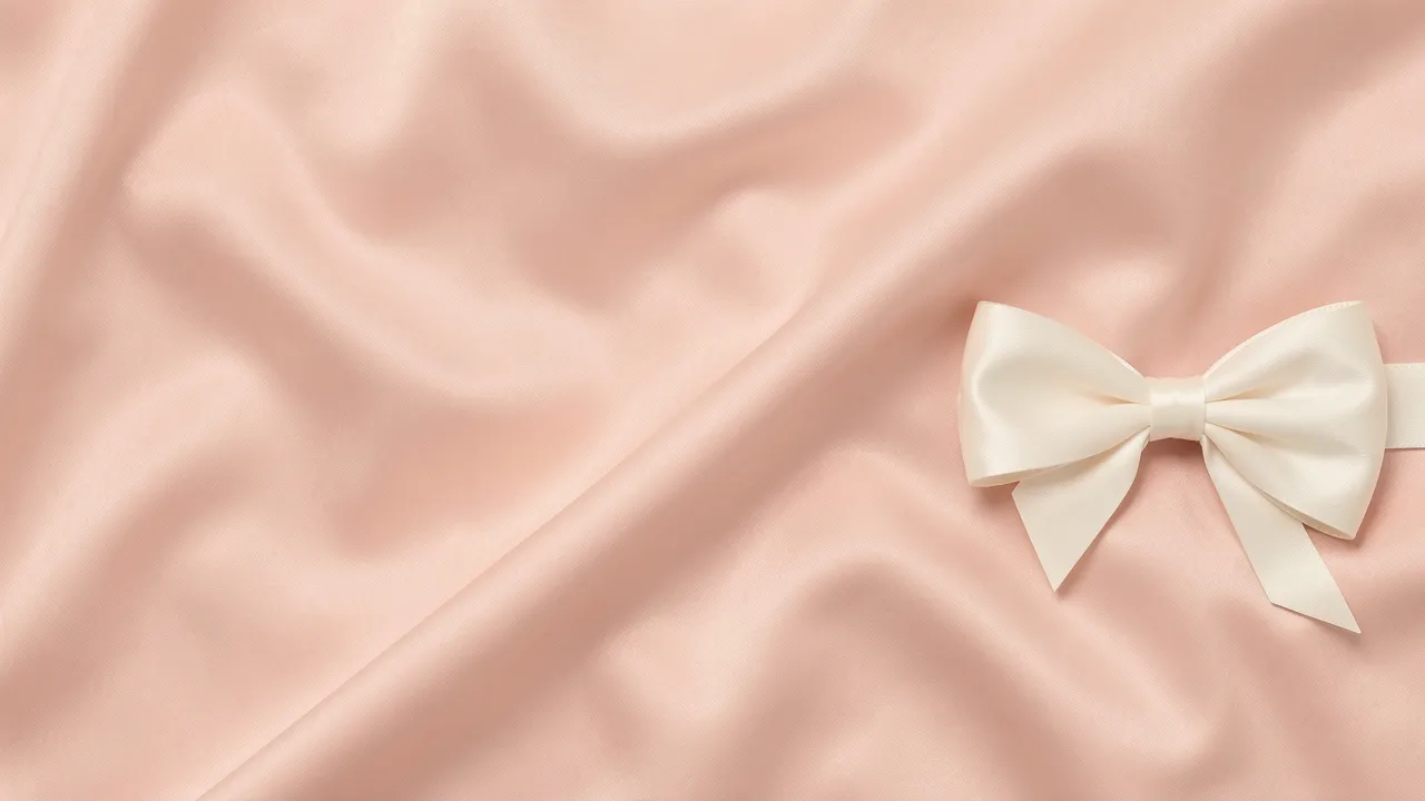 Soft folded blush satin fabric with a cream satin bow positioned on the right side