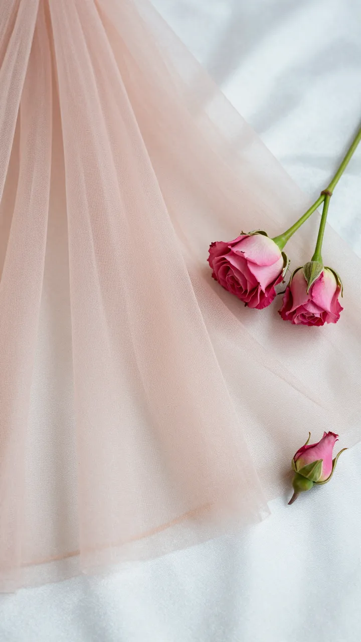 Delicate pink rosebuds rest atop soft blush tulle laid over ivory satin fabric.